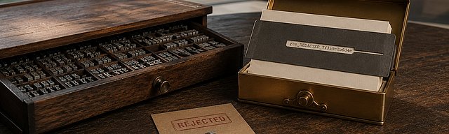 Handgesetzter Drucker-Setzkasten aus Walnuss mit Metalllettern, ein separates Hyphen-Type auf einem Kraftpaper-Etikett mit oxblutfarbenem REJECTED-Stempelabdruck. Daneben eine messingfarbene Karteikartenkassette mit halb herausgezogener Karte, deren Token-String von einer Stencil-Schablone teilweise verdeckt ist. Im Hintergrund die helle Glasfront eines modernen Moselhauses mit sonnigem Weinberg-Hang.
