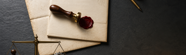 Aufsicht-Stillleben auf einer matt-dunklen Schieferflaeche, die als Arbeitstisch eines kontinentalen Sozialdoktrin-Archivars liest: zwei cremefarbene gefaltete Dokumente liegen leicht ueberlappend. Quer ueber beiden Dokumenten ruht ein walnussgriffiger Messing-Siegelkopf auf einem frisch gesetzten Wachssiegel in tiefem Oxblutrot. Links unten eine Gleicharm-Waage mit Menschenfigur und Zahnrad im Gleichgewicht, rechts oben Tauchfeder und Briefbeschwerer im Negativraum.