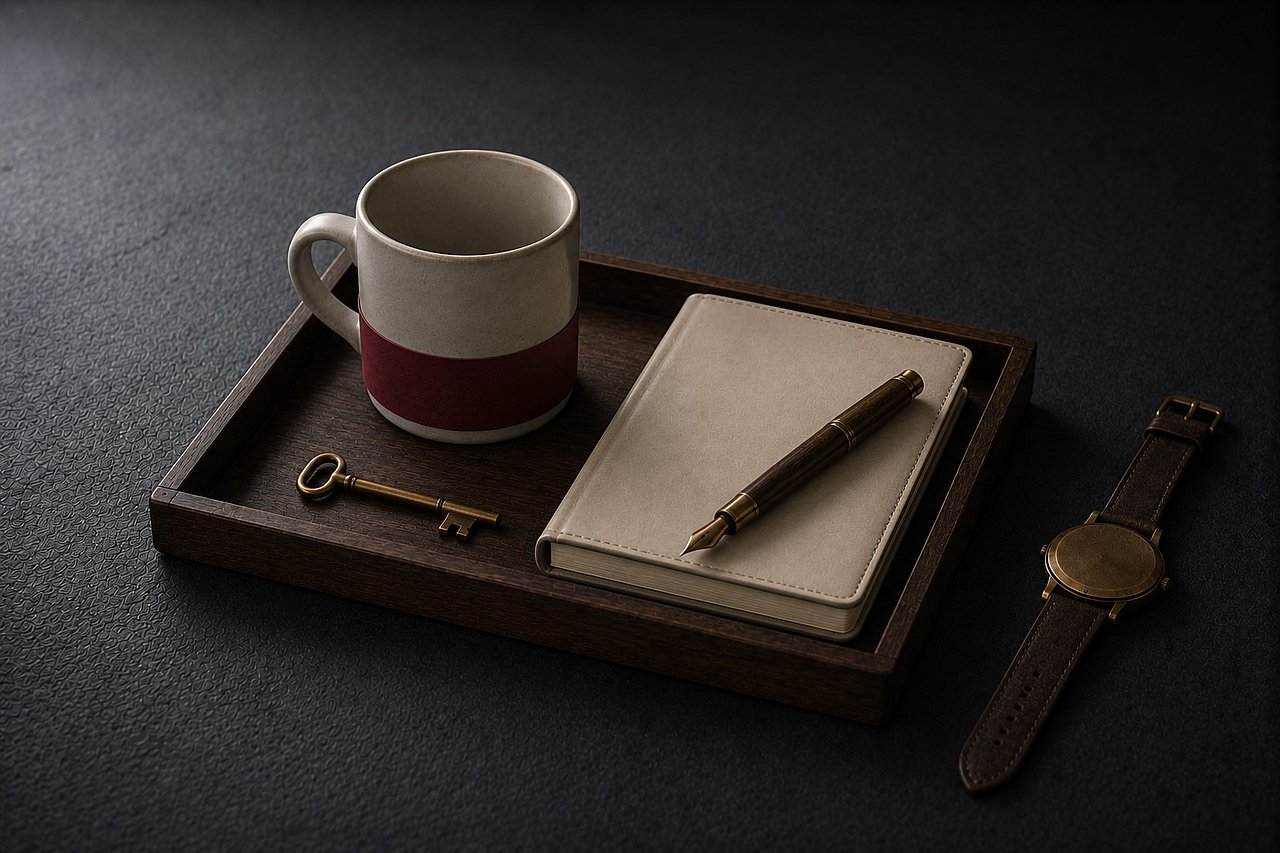 Eine dunkle Walnussplatte auf glattem Beton mit einer präzise angeordneten Tasse mit oxblutfarbener Banderole, einem geschlossenen cremefarbenen Notizbuch, einem messingbespitzten Füllfederhalter und einem kleinen Messingschlüssel; daneben eine alte Armbanduhr im kühlen Nordlicht.