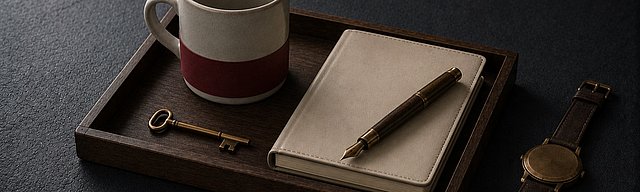 Eine dunkle Walnussplatte auf glattem Beton mit einer präzise angeordneten Tasse mit oxblutfarbener Banderole, einem geschlossenen cremefarbenen Notizbuch, einem messingbespitzten Füllfederhalter und einem kleinen Messingschlüssel; daneben eine alte Armbanduhr im kühlen Nordlicht.