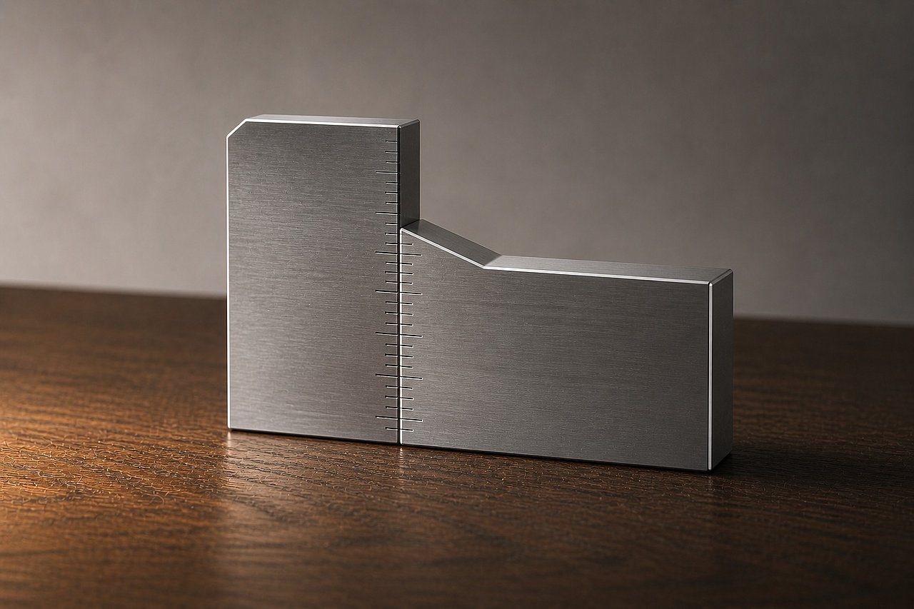 Zwei präzisionsgefertigte gebürstete Aluminium-Stücke treffen sich an einem ingenieurmäßig gefügten Saum auf Eichentisch, weiches Tageslicht von links.