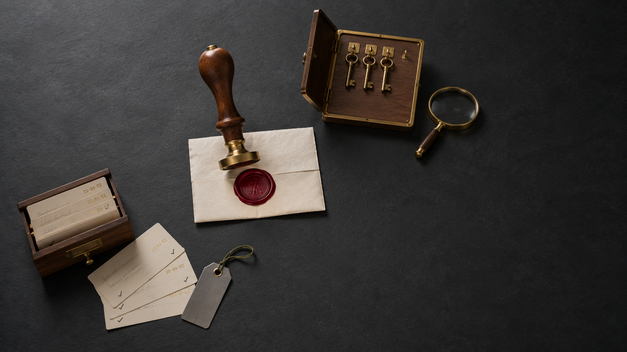 Notar-Petschaft, Karteikartenfach und Schlüsselkasten auf Schiefer — Metapher zum Gemini-Enterprise-Agent-Platform-Governance-Trio (Identity, Gateway, Registry) Eine Notar-Petschaft mit Walnussgriff und Messingkopf steht links der Bildmitte auf mattem dunklem Schiefer, gerade frisch abgehoben von einem noch warmen oxblutroten Wachsstempel auf einem einmal gefalteten cremefarbenen Aktendokument. Links unten ein halb geöffnetes Walnuss-Karteikartenfach mit vier ausgefächerten cremefarbenen Indexkarten, jede mit einer feinen, unleserlichen Messing-Registriernummer und einem kleinen Tick-Eintrag, daneben ein leicht geneigtes brüniertes Inspektions-Etikett. Oben rechts ein aufgeklappter Messing-und-Walnuss-Schlüsselkasten mit drei Messingschlüsseln an nummerierten Haken (Nummern unleserlich), ein Haken leer; daneben eine Messing-Kartografielupe mit dem Glas auf dem Schiefer. Kühles Studio-Schlüssellicht von oben links, feiner warmer Randschein von unten rechts; rechtes Bilddrittel als negativer Raum in Nahezu-Schwarz. Die einzige gesättigte Farbe im Bild ist die warme oxblutrote Wachsmarke unter der Petschaft. Metapher zum Gemini-Enterprise-Agent-Platform-Governance-Trio: Petschaft (Identität), Schlüsselkasten (Autorisierung), Karteikartenfach (Katalog).