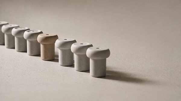 Reihe identischer heller Keramik-Objekte im Studiolicht, bei der ein einzelnes Stück leicht nach vorne versetzt und wärmer getönt ist.