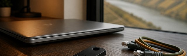 Mattschwarzer Hardware-Security-Token diagonal auf einem dunklen Eichen-Schreibtisch, daneben ein Bündel kurzer Patch-Kabel in gedämpften Tönen, im Hintergrund subtil das Moseltal durchs Fenster — Sovereignty-Anker im SSH-Kontext.