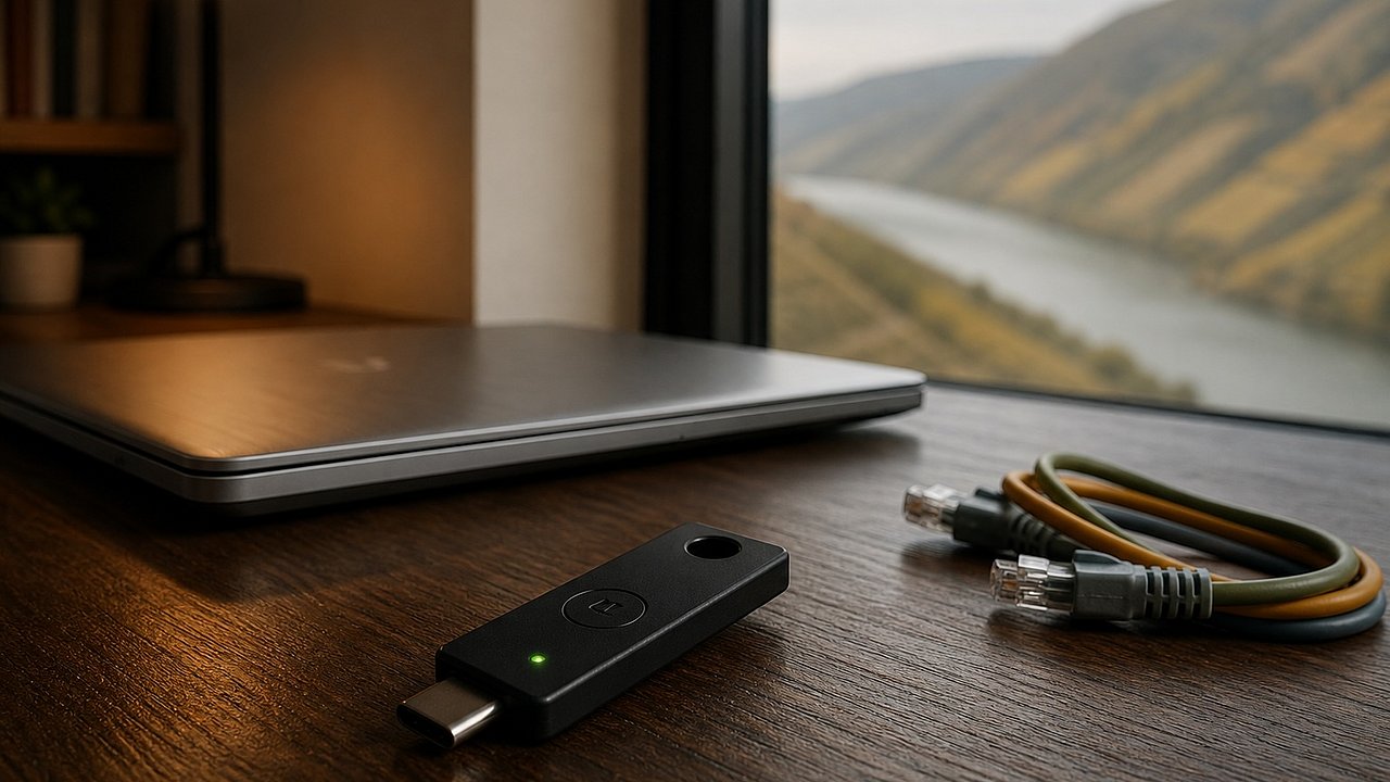 Mattschwarzer Hardware-Security-Token diagonal auf einem dunklen Eichen-Schreibtisch, daneben ein Bündel kurzer Patch-Kabel in gedämpften Tönen, im Hintergrund subtil das Moseltal durchs Fenster — Sovereignty-Anker im SSH-Kontext.