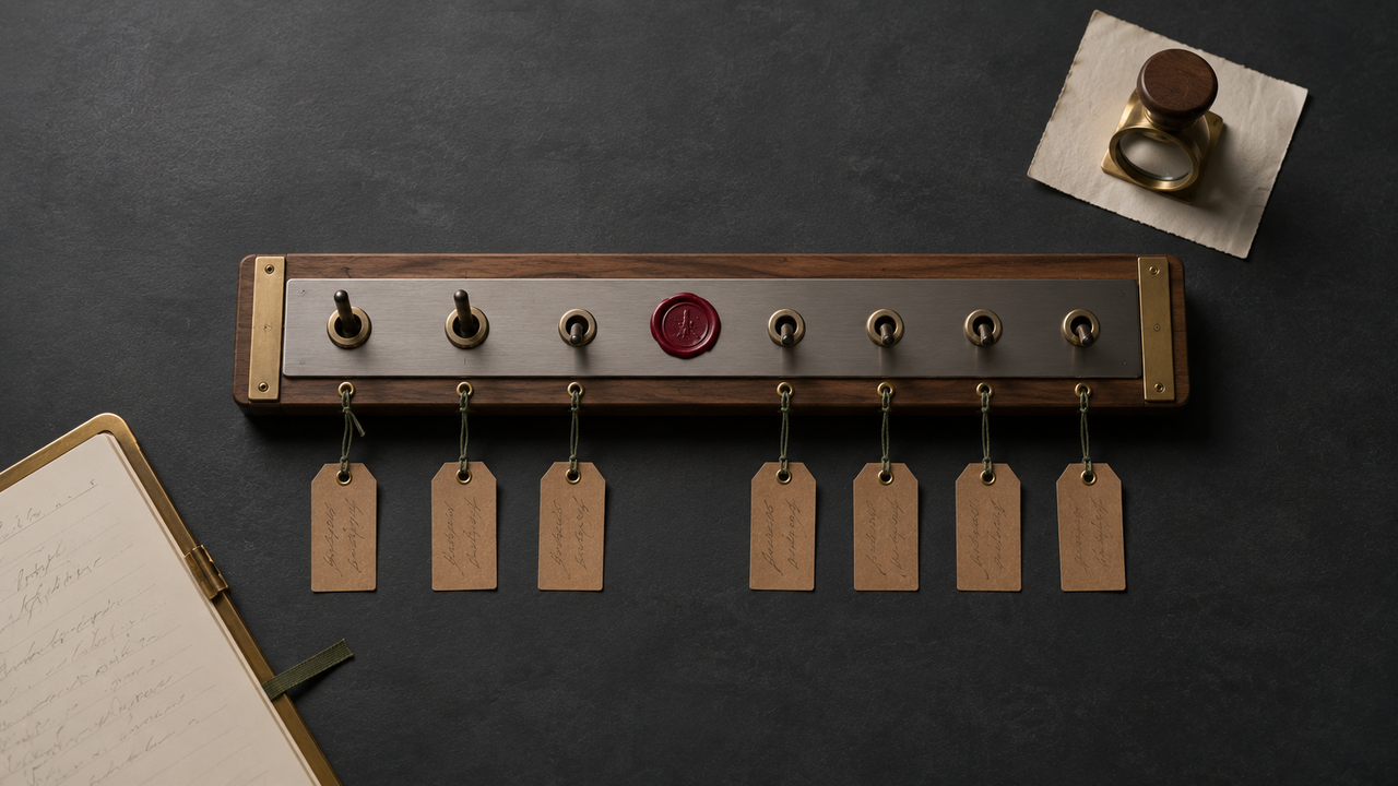 Walnut-and-brass Schaltbrett mit sieben Messing-Kipp-Schaltern auf matt dunklem Schiefer, drei Schalter angehoben, ein einzelner oxblood-Wachssiegel-Akzent zwischen den Reihen — Metapher für sieben Symfony-CVEs, die in einem Wartungsfenster gemeinsam geprüft und bereinigt wurden.