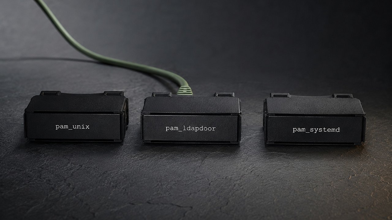Drei mattschwarze Authentifizierungs-Modul-Cartridges in einer Reihe auf slate-grauer Oberfläche, zwei mit identischen Distribution-Labels, das mittlere subtil anders mit minimaler Label-Verschiebung und einem sage-grünen Patch-Kabel, das nach hinten links aus dem Bild läuft — Metapher für die Substitution eines PAM-Moduls durch eine schwer erkennbare Backdoor, kühles Studiolicht.
