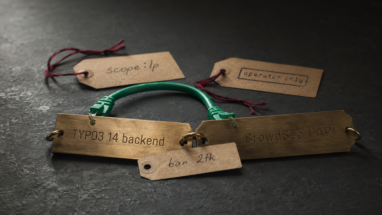 Zwei gravierte Messingschilder auf dunklem Schiefer, links 'TYPO3 14 backend', rechts 'CrowdSec LAPI', verbunden durch ein kurzes Cat6-Patch-Kabel als sichtbare Bridge; daneben Kraftpapier-Labels mit IP-Decisions an einem oxblood Baumwollfaden — Metapher für die Operator-Bridge ins CrowdSec Local API.