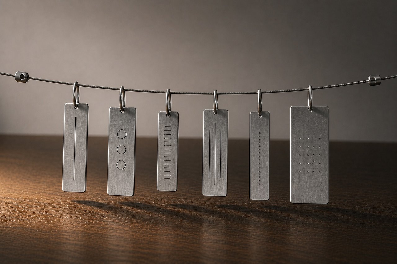 Sechs gebürstete Aluminium-Tags hängen an einem Stahldraht über Eichentisch, jeder Tag mit eigenem geätztem Muster, weiches Tageslicht.