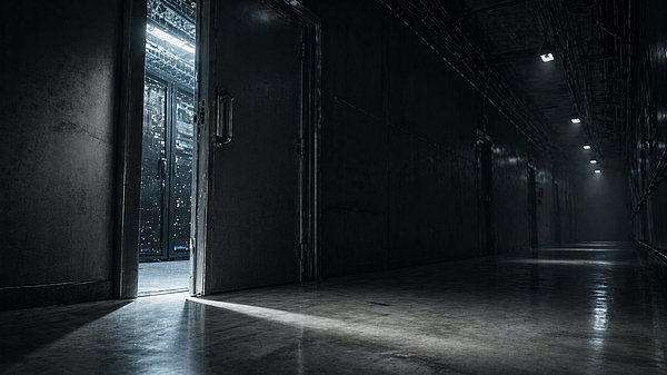 Leicht geöffnete Serverraumtür mit hellem Lichtstreif, der in einen dunklen Gang fällt.