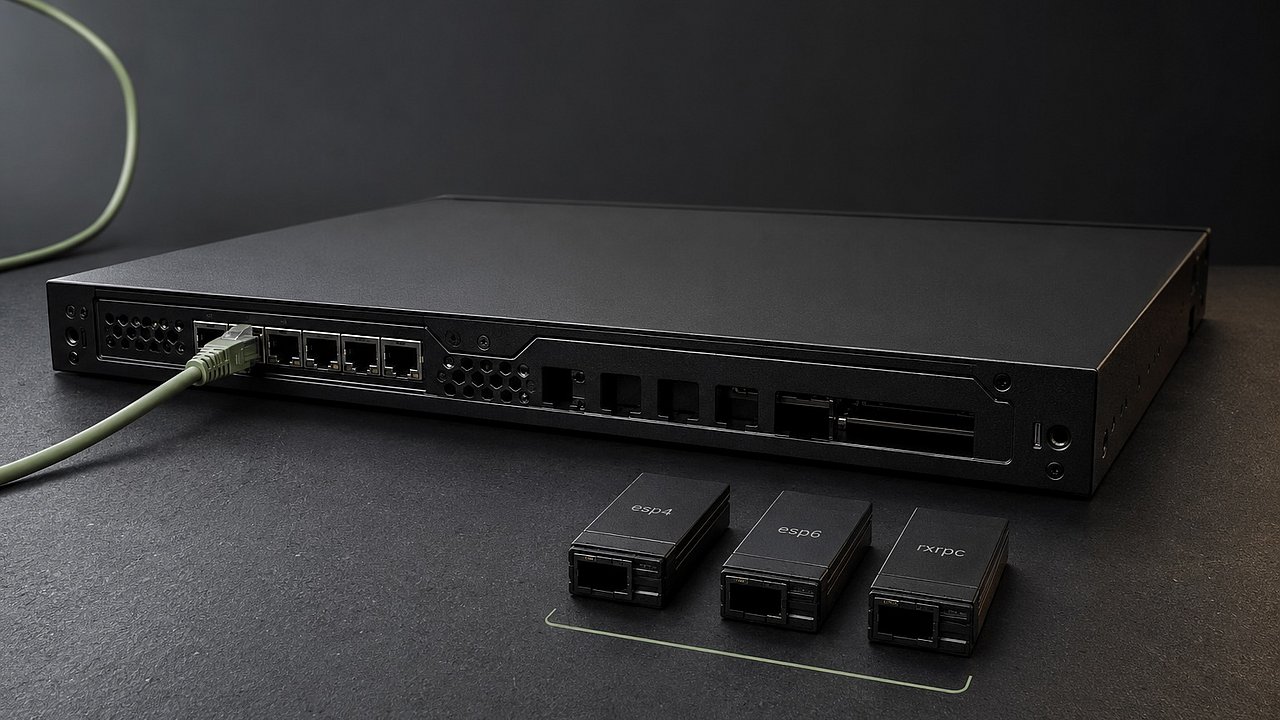 Mattschwarze Server-Edge-Box, ein sage-grünes Patch-Kabel verbindet einen aktiven Port; daneben auf der Slate-Oberfläche drei separierte Modul-Cartridges mit Mono-Labels esp4, esp6, rxrpc — Metapher für bewusst geblacklistete Kernel-Module als Mitigation, kühles Studiolicht.