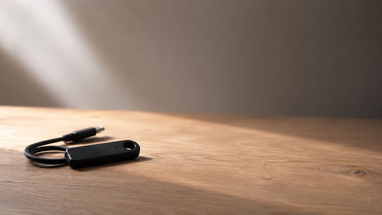 Mattschwarzes Hardware-Security-Token mit gewickeltem USB-C-Kabel auf einer Eichenholz-Oberfläche, weiches Tageslicht von links — Metapher für die Permissions- und Identitäts-Boundary, die Project Arc und OpenShell für autonome Agenten schaffen.