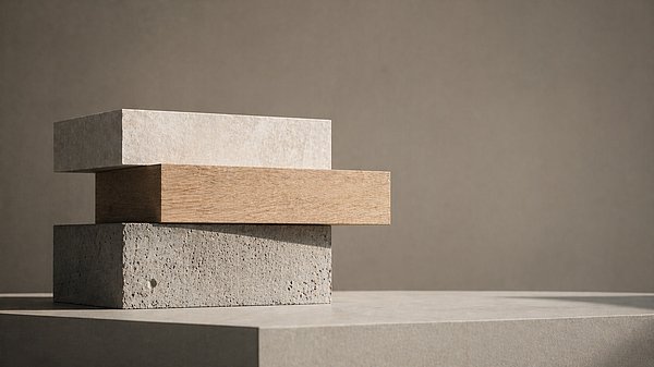 Skulptur aus drei gestapelten horizontalen Ebenen aus Beton, Holz und Stein in einem Studio mit seitlichem Licht.