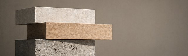 Skulptur aus drei gestapelten horizontalen Ebenen aus Beton, Holz und Stein in einem Studio mit seitlichem Licht.