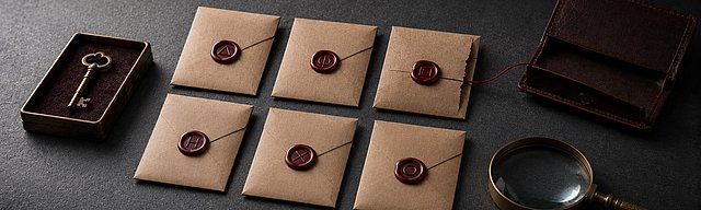 Sechs nahezu identische Kraftpapier-Umschläge mit Wachssiegeln auf Beton in präziser Anordnung; einer ist seitlich geöffnet, ein dünner roter Faden zieht still zu einem leeren ledernen Wallet; daneben Messinglupe und Messingschlüssel im kühlen Nordlicht.