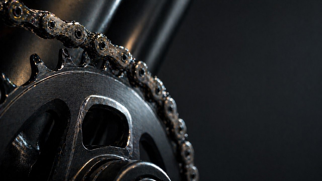 Nahaufnahme einer frisch geölten Fahrradkette und Kettenblatt mit scharfen Details im Studiolicht.