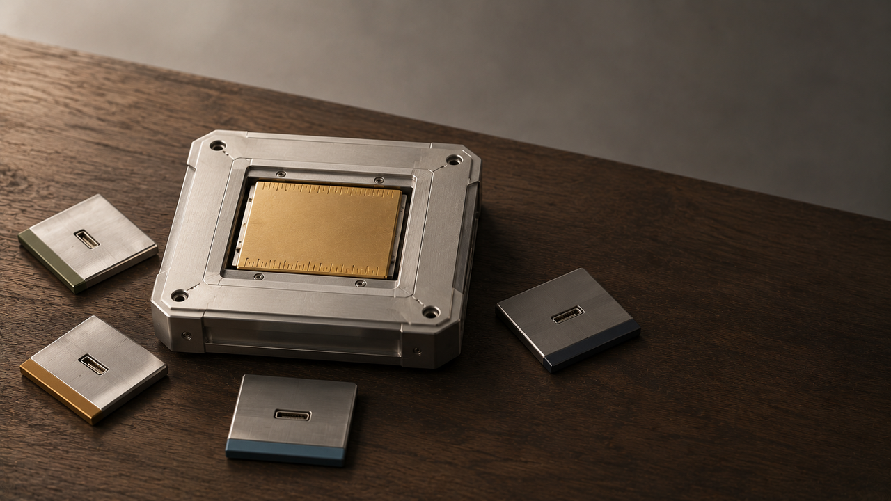 SAP × Anthropic Sapphire 2026: Claude als Reasoning-Engine in Joule Präzisionsgefertigte brushed-brass Kartusche mittig in einem grösseren brushed-aluminium Industrie-Chassis auf Eichentisch, an vier Seiten fächern kleinere brushed-steel Anschluss-Platten mit dezenten Farbbändern in Salbei, Ocker, Schiefer und Petrol heraus.