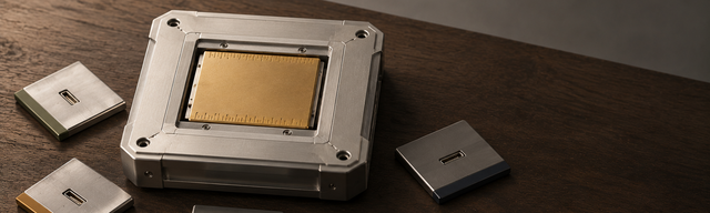 Präzisionsgefertigte brushed-brass Kartusche mittig in einem grösseren brushed-aluminium Industrie-Chassis auf Eichentisch, an vier Seiten fächern kleinere brushed-steel Anschluss-Platten mit dezenten Farbbändern in Salbei, Ocker, Schiefer und Petrol heraus.