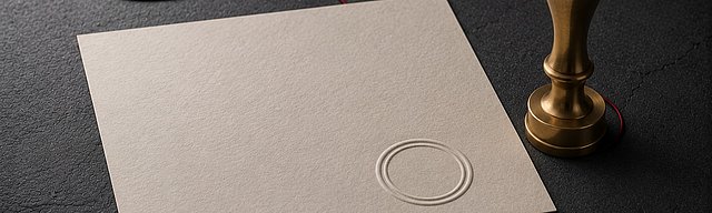 Ein messingfarbener Prägestempel auf cremefarbenem Papier mit leerem Prägekreis in der unteren Ecke, daneben ein gefalteter Brief auf Holz und ein oxblutfarbener Wachsstift mit messingfarbenem Lineal im kühlen Nordlicht.