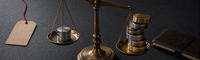 Eine messingfarbene Präzisionswaage auf glattem Beton: links eine kompakte Reihe identischer Edelstahlgewichte, rechts ein größerer Stapel gemischter Gewichte, die Waage neigt sich nach rechts; daneben eine Kraftpapier-Etikette mit oxblutfarbenem Faden und ein geschlossenes ledernes Notizbuch im kühlen Nordlicht.