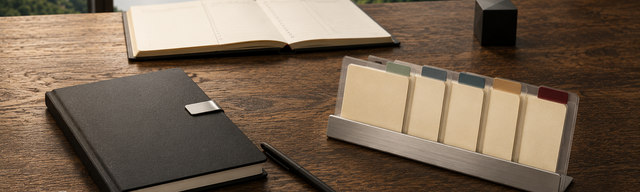 Walnuss-Schreibtisch mit zwei modernen Anordnungen — links ein matt-schwarzes Hardcover-Notizbuch mit brushed-steel Page-Clip in großzügigem Negative Space, rechts ein brushed-aluminium Karten-Halter mit fünf pastell-getönten Index-Karten und einem deep-oxblood Tab; zwischen beiden ein matt-schwarzer Stylus. Im Hintergrund die Glasfront eines modernen Moselhauses mit sonnigem Weinberg-Hang.