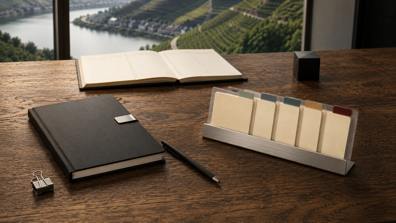 Walnuss-Schreibtisch mit zwei modernen Anordnungen — links ein matt-schwarzes Hardcover-Notizbuch mit brushed-steel Page-Clip in großzügigem Negative Space, rechts ein brushed-aluminium Karten-Halter mit fünf pastell-getönten Index-Karten und einem deep-oxblood Tab; zwischen beiden ein matt-schwarzer Stylus. Im Hintergrund die Glasfront eines modernen Moselhauses mit sonnigem Weinberg-Hang.