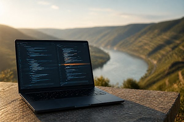 Laptop auf Stein im Weinberg, Code-Diff mit warmer Markierung, Morgenlicht.