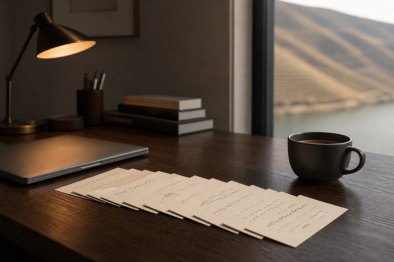 Gefächerter Stapel cremefarbener Karteikarten auf dunklem Eichen-Schreibtisch, daneben ein geschlossener Laptop und eine Kaffeetasse, durchs Fenster rechts subtil das weich gezeichnete Moseltal — Metapher für eine Warteschlange ankommender Patches, die methodisch abgearbeitet werden.