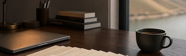 Gefächerter Stapel cremefarbener Karteikarten auf dunklem Eichen-Schreibtisch, daneben ein geschlossener Laptop und eine Kaffeetasse, durchs Fenster rechts subtil das weich gezeichnete Moseltal — Metapher für eine Warteschlange ankommender Patches, die methodisch abgearbeitet werden.