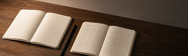 Zwei aufgeschlagene Skizzenblöcke nebeneinander auf Eichentisch — links flache, gleichmäßige Bleistift-Linien, rechts ein dichter, mehrspaltiger Aufbau mit kleinen Diagrammen und Gittern, ein Bleistift diagonal dazwischen. Editorial-ruhige Andeutung des Strukturkontrasts zwischen flachem und reichhaltigem Output-Format.