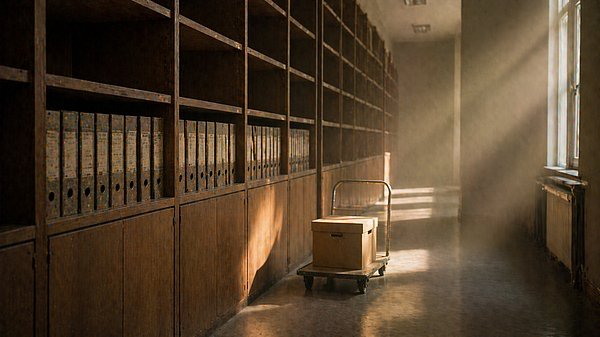 Fast leeres Archiv mit langen Holzregalen und einem einzelnen Karton auf einem Rollwagen im warmen Nachmittagslicht.