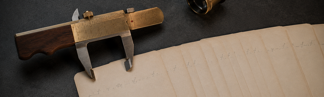 Ein walnussgriffiger Messschieber aus Messing klemmt um die vordere Kante eines aufgefächerten Stapels cremefarbener fotografischer Testkarten, die sich nach rechts unten weit über die Reichweite des Schiebers hinaus erstrecken. Am Mess-Punkt sitzt ein einzelner oxblutroter Email-Punkt als einziger gesättigter Akzent. Oben rechts eine messingbeschlagene Lupe, Linse zum ungemessenen Teil des Stapels geneigt. Kühles Studio-Schlüssellicht von links oben, warmes Rim-Licht von rechts unten, auf mattem dunklem Schiefer.