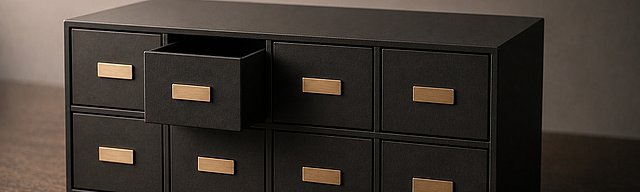 Mattschwarzer Schubladen-Block mit acht identischen Fächern und Brass-Schildern, eines leicht aufgezogen, weiches Tageslicht.
