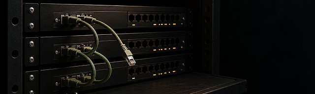 Dunkles Linux-Server-Rack mit drei sage-grünen Patch-Kabeln zwischen Switch-Ports; das mittlere Kabel hängt halb herausgerissen und lose vor matt-schwarzen 1U-Edge-Boxen, daneben ein deep-oxblood Label-Tag — visuelle Metapher für die dritte XFRM-LPE in drei Wochen.