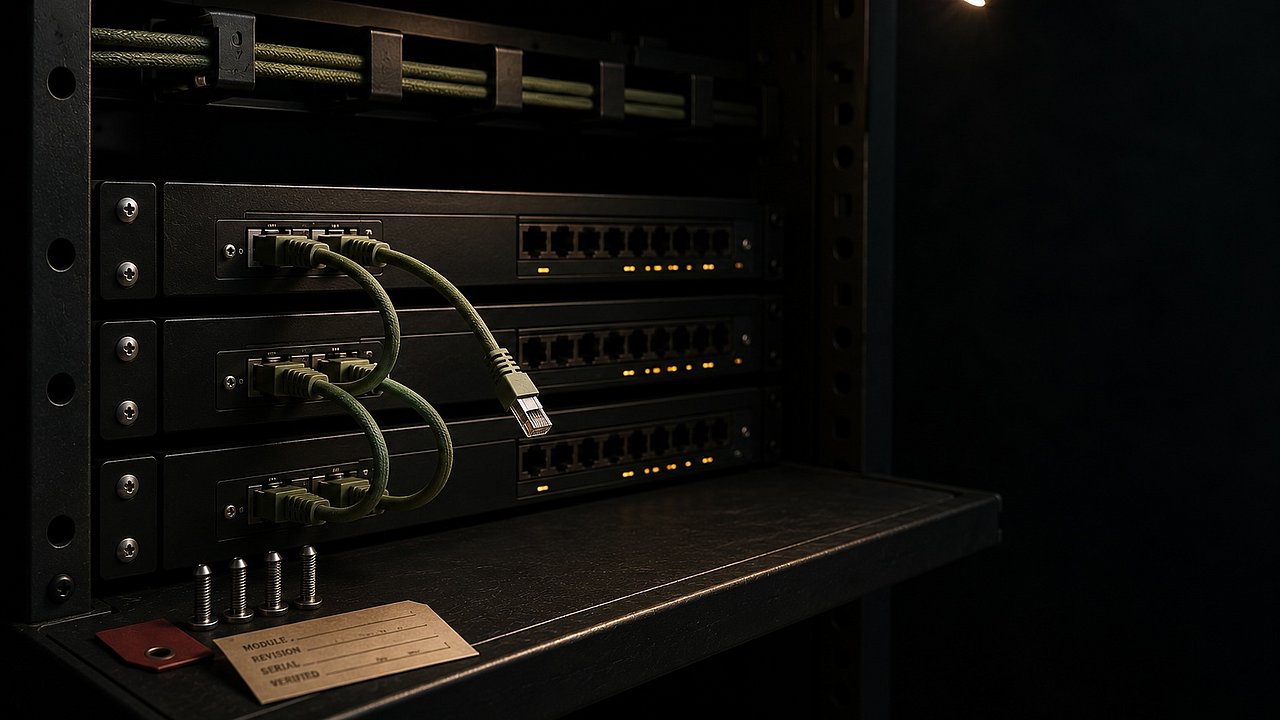 Dunkles Linux-Server-Rack mit drei sage-grünen Patch-Kabeln zwischen Switch-Ports; das mittlere Kabel hängt halb herausgerissen und lose vor matt-schwarzen 1U-Edge-Boxen, daneben ein deep-oxblood Label-Tag — visuelle Metapher für die dritte XFRM-LPE in drei Wochen.