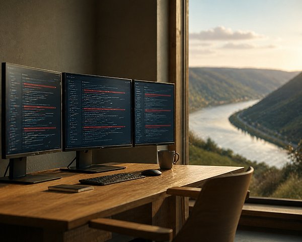Büro-Bild mit drei Monitoren, roten Warn-Akzenten und Mosel-Fensterblick im Abendlicht