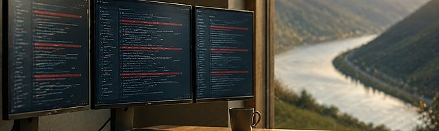 Büro-Bild mit drei Monitoren, roten Warn-Akzenten und Mosel-Fensterblick im Abendlicht