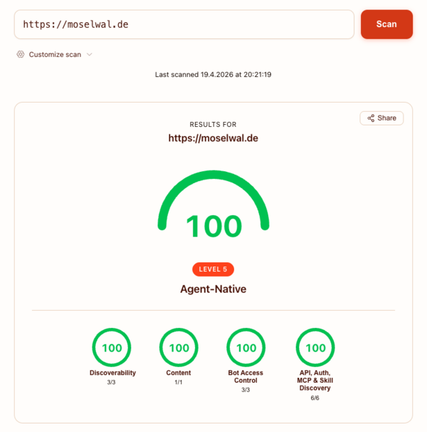 Cloudflare Agent-Readiness Scan: moselwal.de — Score 100, Level 5 Agent-Native