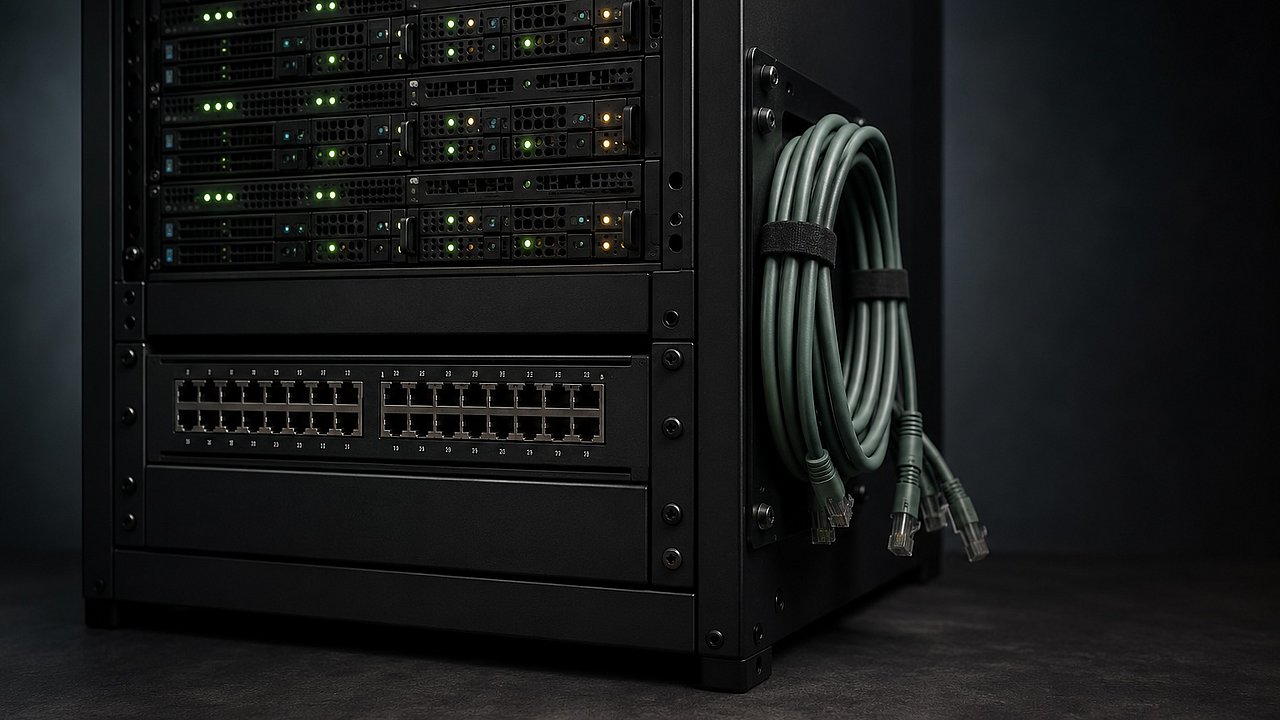 Mattschwarzes Server-Rack mit zwei getrennten Sektionen — obere Sektion mit aktiven Status-LEDs, untere Sektion mit geordnet getrennten Patch-Kabeln, kühles Studiolicht — Metapher für Isolation und Continuity als geplante Doppel-Disziplin.
