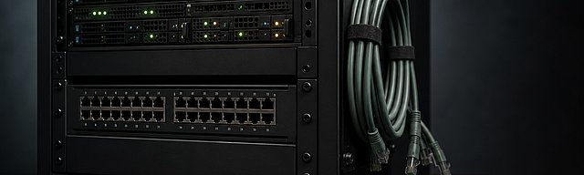 Mattschwarzes Server-Rack mit zwei getrennten Sektionen — obere Sektion mit aktiven Status-LEDs, untere Sektion mit geordnet getrennten Patch-Kabeln, kühles Studiolicht — Metapher für Isolation und Continuity als geplante Doppel-Disziplin.