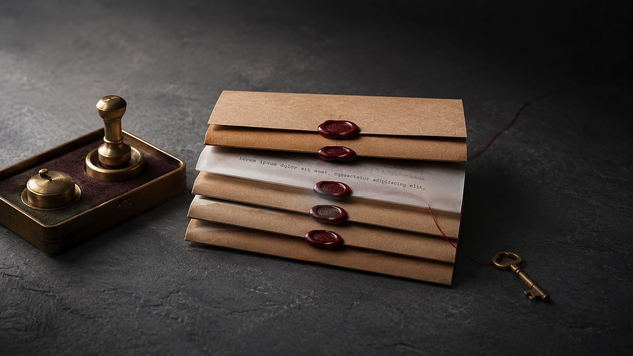 Ein einzelner Messingschlüssel auf Beton neben einem aufgeschlagenen Papier-Ledger, dessen halb abgehobene Seite einen Carbon-Schlüsselabdruck in dunklem Oxblood-Ton zeigt; Messingstempel und ledernes Notizbuch im kühlen Nordlicht.