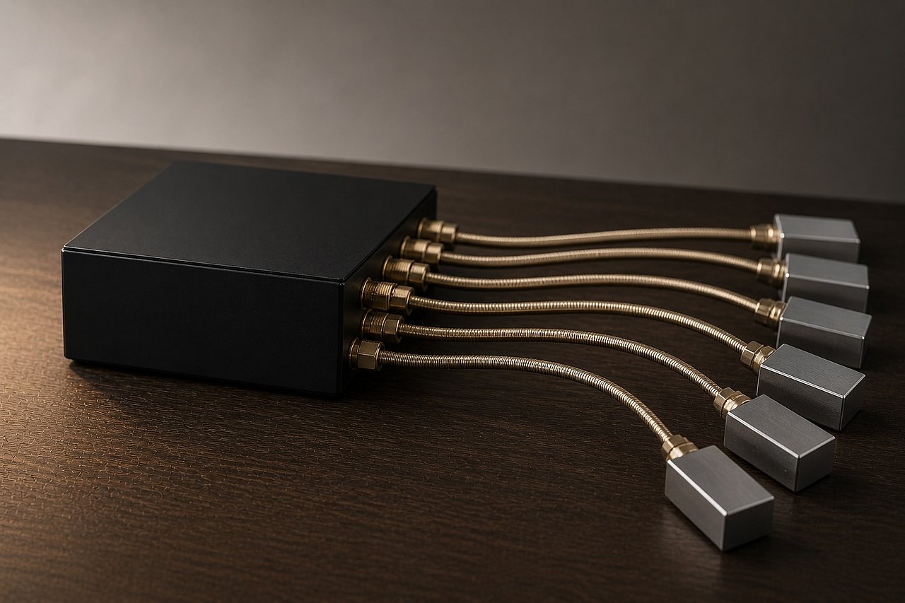 Mattschwarze Verteilerbox auf Eichentisch mit sechs gebürsteten Brass-Konnektoren, die in einem präzisen Bogen nach rechts zu kleinen Aluminium-Endpunkten fächern, weiches Tageslicht von links.