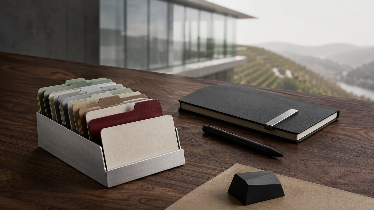 Brushed-Aluminium-Karten-Halter mit gefächerten Pastell-Karten auf Walnuss-Schreibtisch vor heller Mosel-Glasfront; eine Karte in Oxblood ist nach vorn gezogen, daneben ein geschlossenes mattschwarzes Notizbuch.