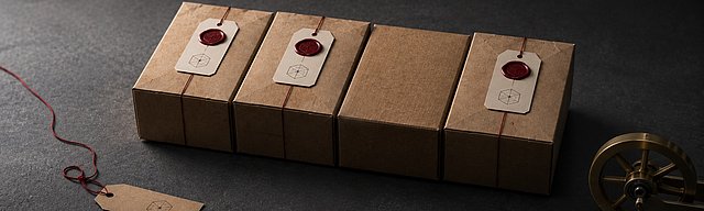 Eine präzise Reihe gleichartiger Kraftpapier-Pakete auf Beton, zwischen zwei Paketen entweicht ein dünner oxbloodfarbener Staubfaden nach oben; daneben Messingstempel und Lupe im kühlen Nordlicht.