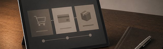 Modernes Tablet mit ruhigem Order-Workflow als geometrische Formen auf Eichentisch, daneben ein lederbezogenes Buch und ein Aluminium-Stift, weiches Tageslicht.