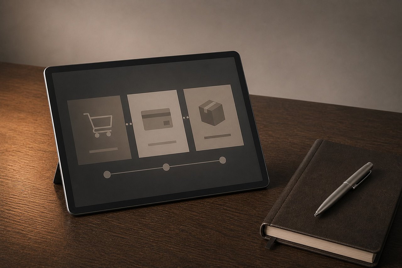 Modernes Tablet mit ruhigem Order-Workflow als geometrische Formen auf Eichentisch, daneben ein lederbezogenes Buch und ein Aluminium-Stift, weiches Tageslicht.