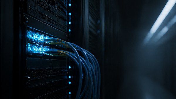 Serverschrank im halbdunklen Rechenzentrum mit leuchtenden blauen Status-LEDs an einem Patchfeld.