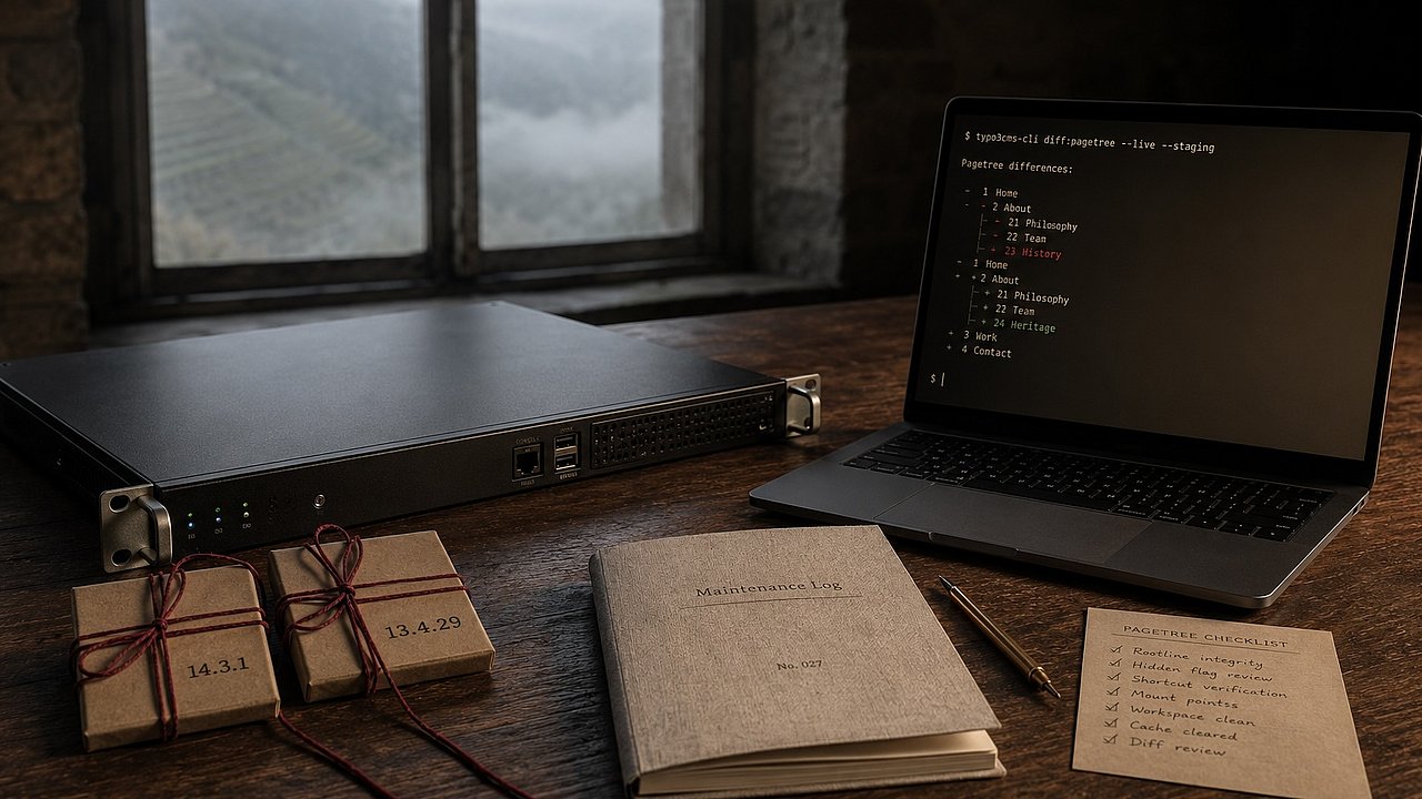 Mattschwarze Server-Edge-Box auf Walnuss-Werkbank mit aufgeklapptem Laptop, der einen TYPO3-Backend-Pagetree zeigt; daneben zwei Kraft-Paper-Module-Cartridges mit Mono-Labels 14.3.1 und 13.4.29, im Hintergrund Mosel-Schiefer-Weinberg-Terrassen im Morgennebel.