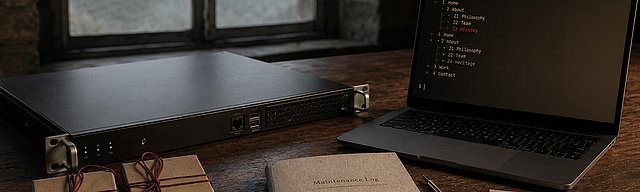 Mattschwarze Server-Edge-Box auf Walnuss-Werkbank mit aufgeklapptem Laptop, der einen TYPO3-Backend-Pagetree zeigt; daneben zwei Kraft-Paper-Module-Cartridges mit Mono-Labels 14.3.1 und 13.4.29, im Hintergrund Mosel-Schiefer-Weinberg-Terrassen im Morgennebel.