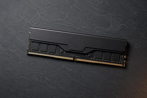Mattschwarzer DDR5-RAM-Riegel liegt diagonal auf dunkler Schieferoberfläche, von links kühl beleuchtet, mit sichtbaren goldenen Kontakten und kurzem Schatten nach rechts.
